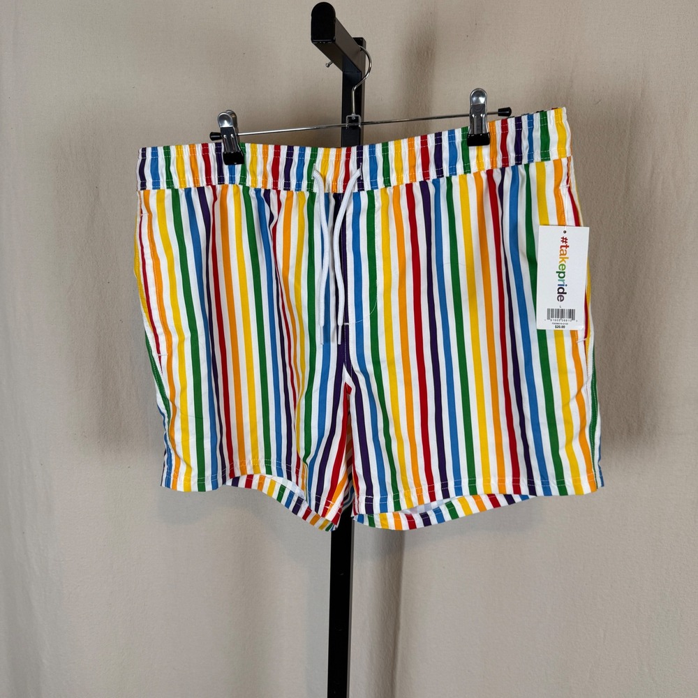 New Trinity Collective Mens Rainbow‎ Pride Swim Trunks Striped Shorts Large